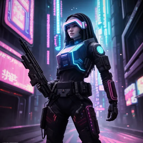 a woman in a futuristic suit holding a gun in a city