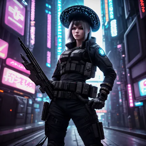 (Highest Quality, 4k, masterpiece, Amazing Details:1.1), cyberpunk soldier ((mushroom)) woman  (neo tokyo cyberpunk). holding a gun,  in a dynamic epic  gunfight, post apocalyptic  outfit, (full body:1.3)  Shallow Depth of Field, E671, lens 50mm f/2.0, (ph...