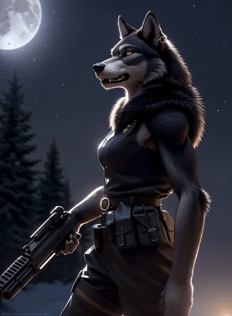 a woman in a black outfit holding a gun and a wolf