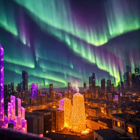 a view of a city with a lot of lights and a green and purple aurora