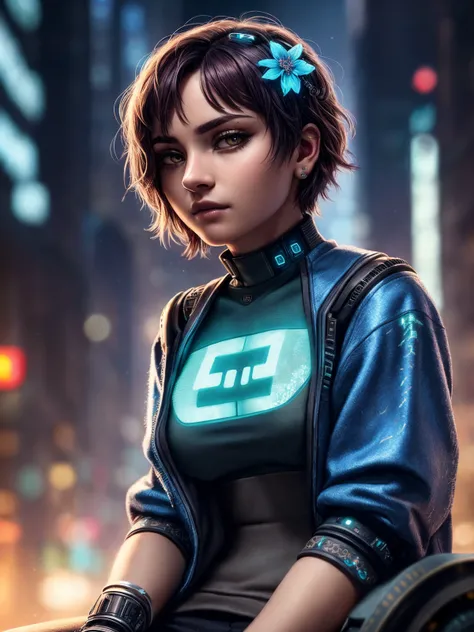 (Highest Quality, 4k, masterpiece, Amazing Details:1.1), sitting, cyberpunk background, wearing cyberpunk clothes ,medium breast, Shallow Depth of Field, E671, lens 50mm f/2.0, ((cyberpunk woman)), thin eyebrows, wavy short hair with flower hair ornament (...