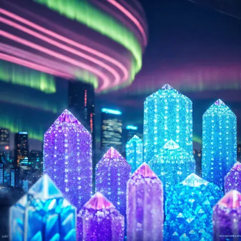 a close up of a group of crystal rocks with a city in the background