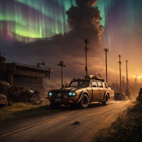 a picture taken from a video game shows a car driving down a road with aurora lights in the sky