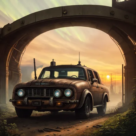 a close up of a car driving through a tunnel with a sunset in the background