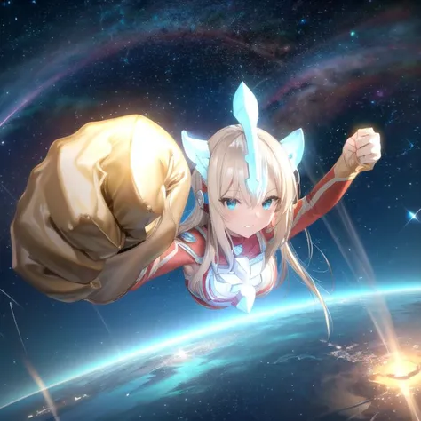 extremely detailed CG unreal engine 8k, masterpiece, best quality, highly detailed, 1girl, ultragirl, ultraman bodysuit, (from above), simple background, night sky, intense close-up, (looking at viewer :1.2), clenched hand, (raised fist), flying, (upper bo...