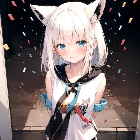 anime girl with white hair and blue eyes standing in front of a doorway