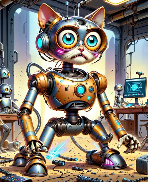 a close up of a cat robot in a room with a computer