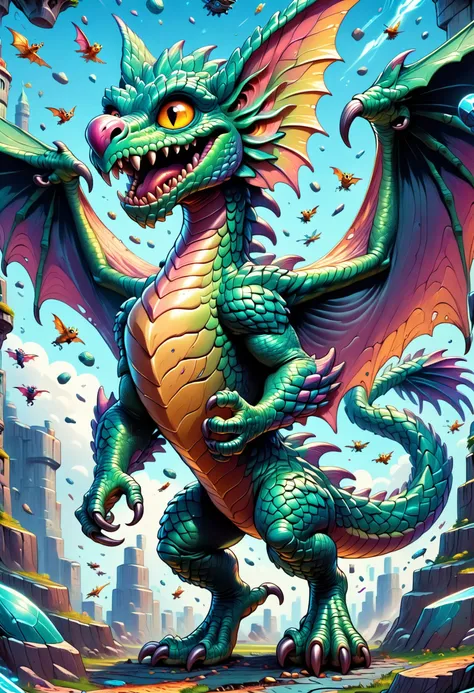 a close up of a dragon with a city in the background