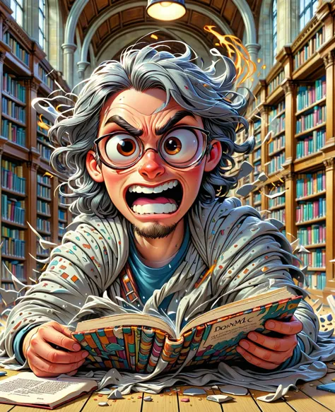 a cartoon image of a man reading a book in a library