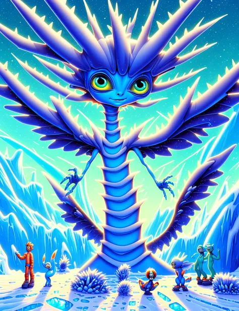 a cartoon dragon with a blue body and green eyes standing in front of a snowy landscape