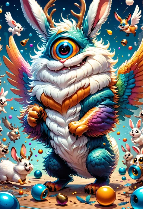 donmc4745tr0ph1cxl cyclope, mythical mammalian creature, hybrid creature, wings, antlers, fangs, feathers, rabbit ears, small fu...