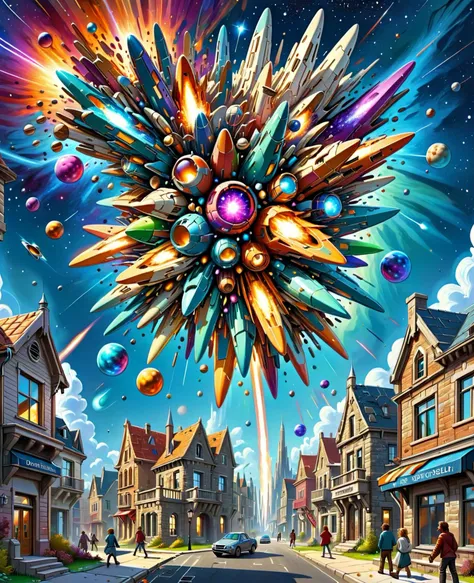 a painting of a colorful explosion in the middle of a town