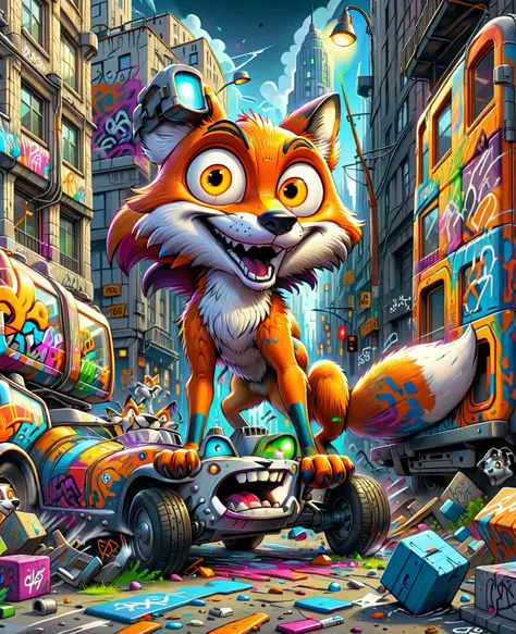 a cartoon fox is riding a car in a city