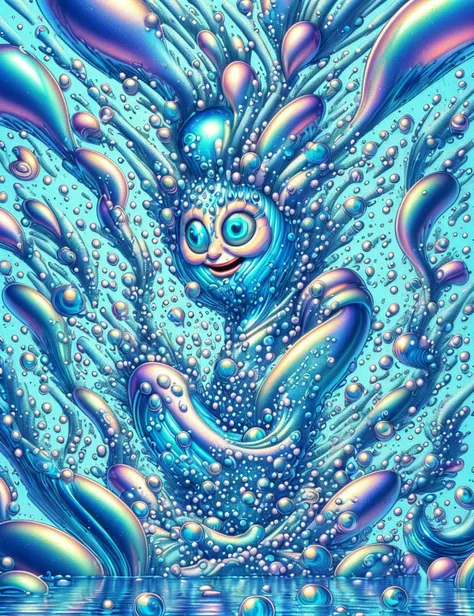 a painting of a blue and purple fish with bubbles floating in the water