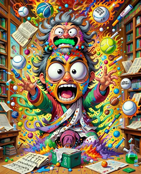 a cartoon character with a weird face and many books