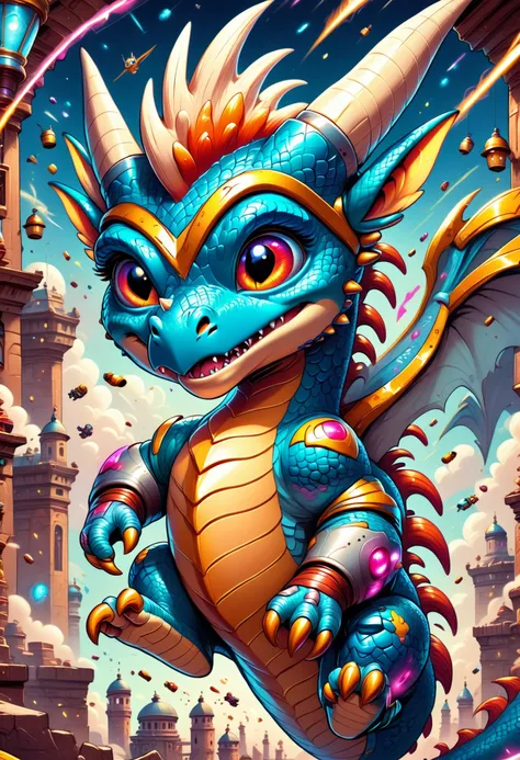 a blue dragon with a gold crown and a pink tail flying over a city