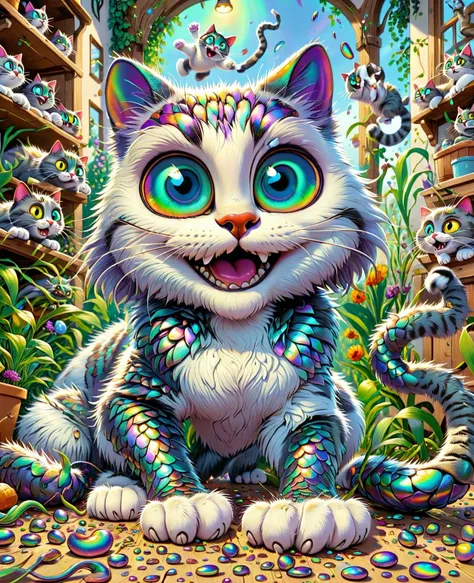 a painting of a cat with a rainbow colored face sitting in a garden