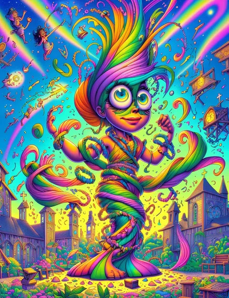 a cartoon character with colorful hair and a rainbow colored tail