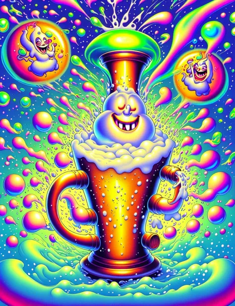 a poster of a beer with a clown face and other items