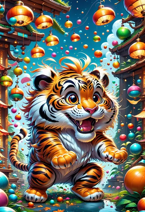 a tiger is running through a jungle with balloons