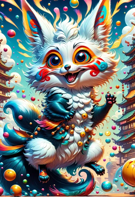 a painting of a cat with a colorful face and a lot of bubbles