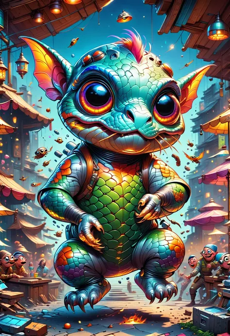 a cartoon dragon with colorful eyes and a colorful tail is standing in a city