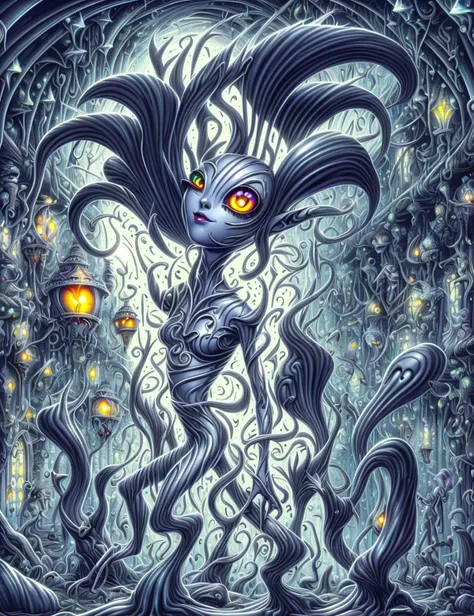 a painting of a creepy looking creature with glowing eyes