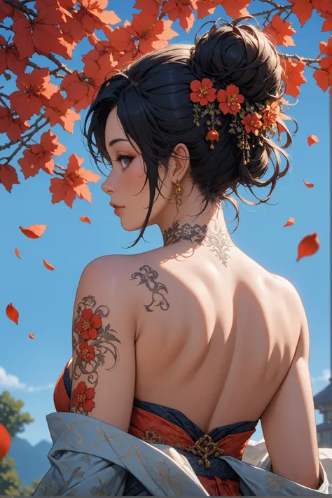 score_9, score_8_up, score_7_up, Japanese teenage girl, floral kimono, exposed shoulders, from behind, beautiful face, thick eyelashes, glossy eyes, black hair, cute smile, dark eyeshadow, shoulders tattoos, back tattoos, floral decoration in hair, falling...