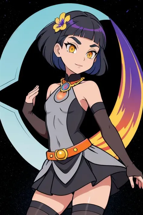 SFW, 1Girl, Adult, (cute Anguillan:1.2) woman, flat breasts, very short grey highlights hairstyle, wearing black petticoat outfit, agate jewelry, Metallic Obsidian Gauntlets accents, glowing iris, yellow-orange eyes, content expression, beauteous showy blo...