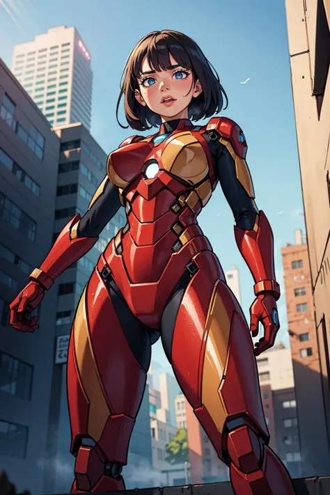 RAW, Masterpiece, Ultra Fine Photo, Best Quality, Ultra High Resolution, Photorealistic, Sunlight, Stunningly Beautiful, Dynamic Poses, Delicate Face, Vibrant Eyes, she is wearing a futuristic Iron Man mech, red and gold color scheme, highly detailed aband...