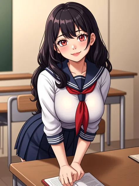 1girl, black hair, breasts, indoors, large breasts, long hair, looking at viewer, neckerchief, pleated skirt, red neckerchief, sailor collar, school uniform, serafuku, shirt, skirt, solo, breasts squeezed together, seductive smile, curly hair, bent over, s...