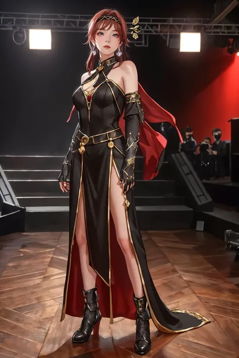 highres,absurdres,masterpiece,best quality,original,extremely detailed CG,extremely detailed wallpaper,perfect lighting,looking at viewer,bare hands,standing on stage,1girl,blurry background,
<lora:Yinlin17:0.6>, YInlin,black dress,hairband,detached elbow ...