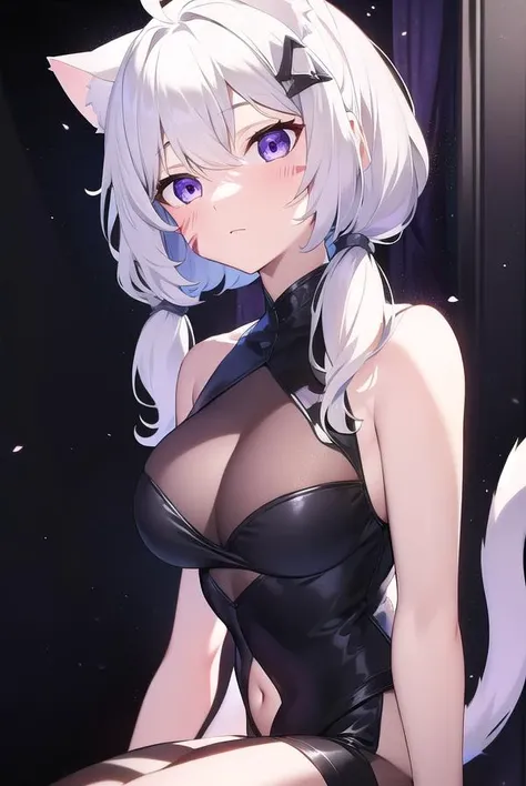 shyreifaolan, <lora:shyreifaolan-lora-nochekaiser:1>,
shyrei faolan, bangs, white hair, hair ornament, animal ears, twintails, (purple eyes:1.1), tail, ahoge, cat ears, cat tail, low twintails, facial mark, cat girl, tail ornament, medium hair,
BREAK glove...