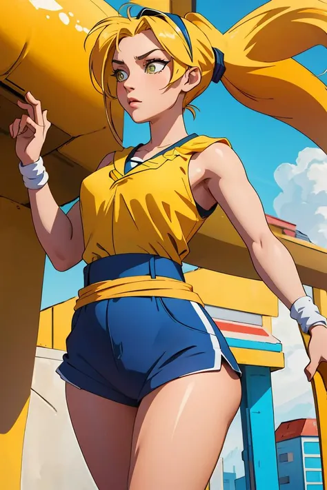 a woman in a yellow top and blue shorts standing next to a yellow pole