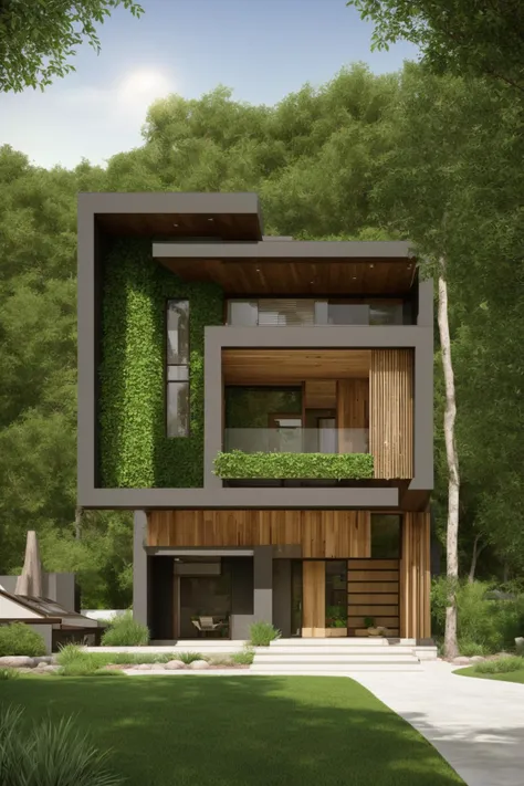 a rendering of a modern house with a green roof and a walkway