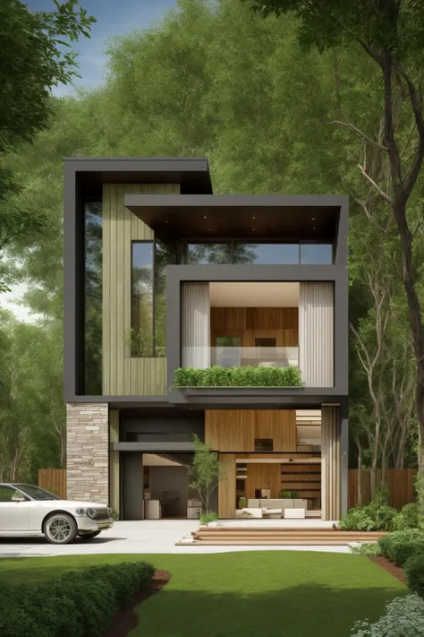 A modern street-facing house seamlessly integrates natural elements into its design. The architecture embodies an urban oasis concept, featuring a balcony adorned with lush greenery and a front yard that blends nature with the urban environment. Soft ambie...