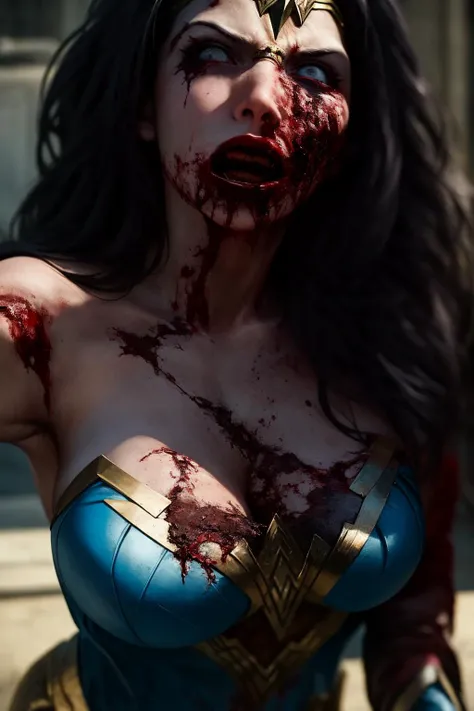 (Realistic:1.5) Best quality, masterpiece, ultra high res, a terrifying and sexy depiction of Zombie Wonder Woman, with rotting flesh, exposed bones, and tattered remnants of her iconic costume. Her eyes glow with an otherworldly, haunting light, and her e...