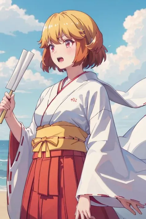 best quality, masterpiece, highres, solo, {white kimono:1.35}, {red hakama:1.35}, {wide sleeves:1.20}, {istel_karin_renaiflops:1.15}, short_hair, blonde_hair, red_eyes, bangs, open_mouth