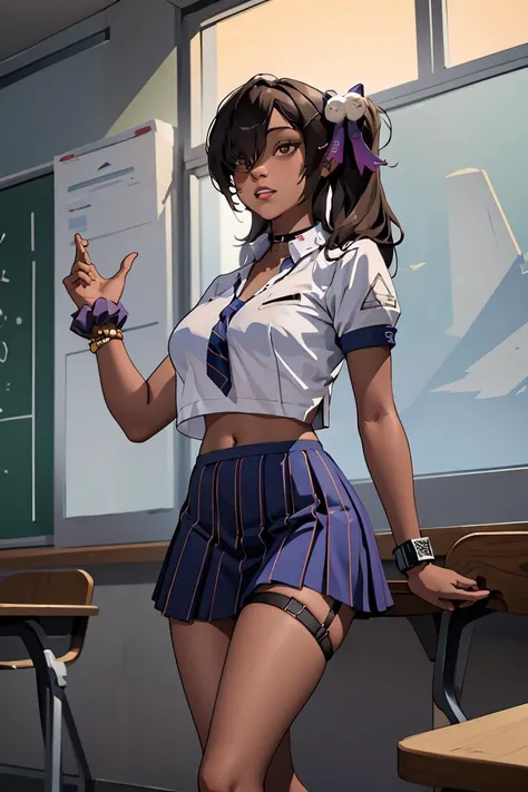 (masterpiece, best quality),1girl,  <lora:naga_(nikke):1> aanaga,dark-skinned female,long hair,side ponytail,hair over one eye,hairclip,hair ribbon,hair ornament,black choker,large breasts,school uniform,blue necktie,shirt,short sleeves,navel,bracelet,wris...