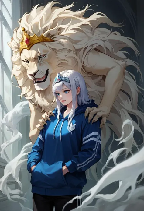 a woman standing next to a lion with a crown on her head