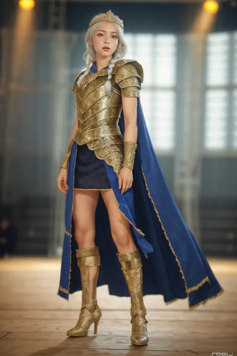 a woman in a gold and blue costume standing on a wooden floor