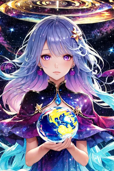 <lora:stargirl(æä¹å¥³):0.8>stargirl, star clothes, 1girl, solo, purple eyes, long hair, jewelry, earrings, hair ornament