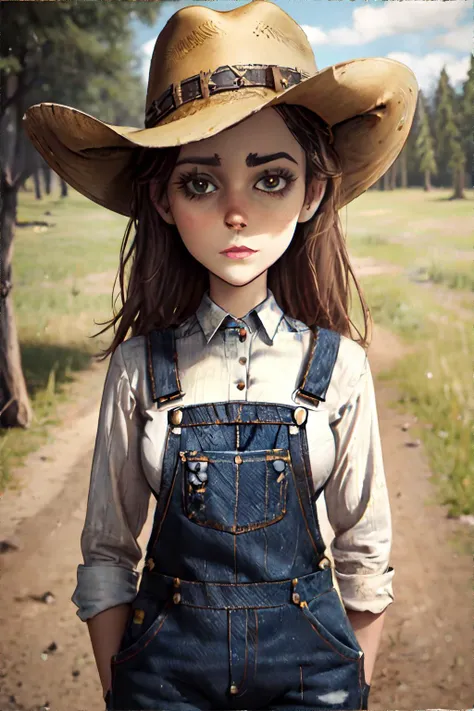 <lora:burtonesque:0.7>, burtonesque, woman wearing Country: Denim overalls, plaid shirt, cowboy boots, and a cowboy hat || <lora:burtonesque:0.4>, masterpiece, perfect quality, sharp focus, shallow depth of field, 8k