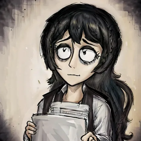 a drawing of a girl with glasses holding a piece of paper