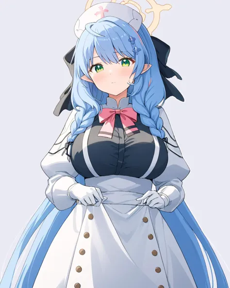 mine (blue archive),1girl, solo, white_background, nurse_cap, breasts, twin_braids, looking_at_viewer, dress, blush, maid, hair_ornament, simple_background, ribbon, bow, parted_lips, apron, white_gloves
<lora:mine_(blue_archive)_image250_2023-11-28:1>halo....