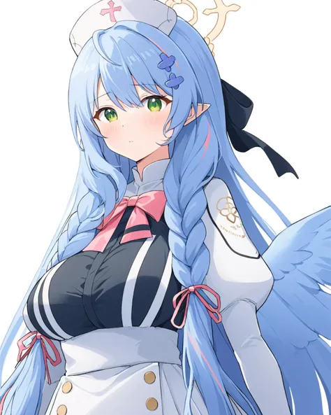 mine (blue archive),1girl, solo, white_background, nurse_cap, breasts, twin_braids, looking_at_viewer, dress, blush, maid, hair_ornament, simple_background, ribbon, bow, parted_lips, apron, white_gloves
<lora:mine_(blue_archive)_image250_2023-11-28:1>halo....