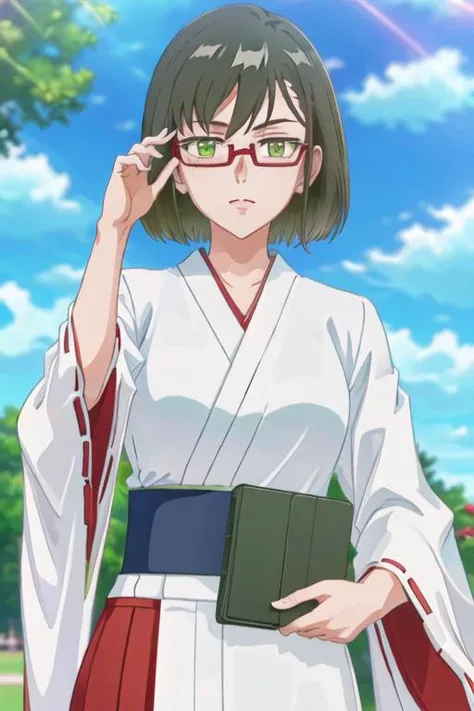 best quality, masterpiece, highres, solo, {white kimono:1.35}, {red hakama:1.35}, {wide sleeves:1.20}, {shinjo_amane_birdiewinggolfgirlsstory:1.15}, glasses, short_hair, semi-rimless_eyewear, green_hair, green_eyes, under-rim_eyewear, red-framed_eyewear