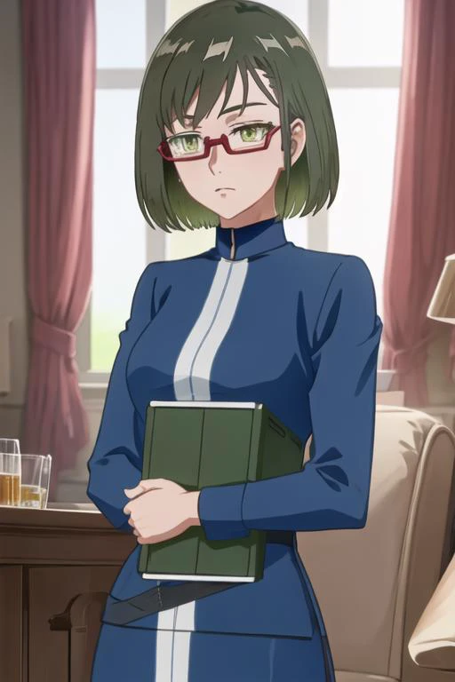 best quality, masterpiece, highres, solo, {shinjo_amane_birdiewinggolfgirlsstory:1.15}, glasses, short_hair, semi-rimless_eyewear, green_hair, green_eyes, under-rim_eyewear, red-framed_eyewear