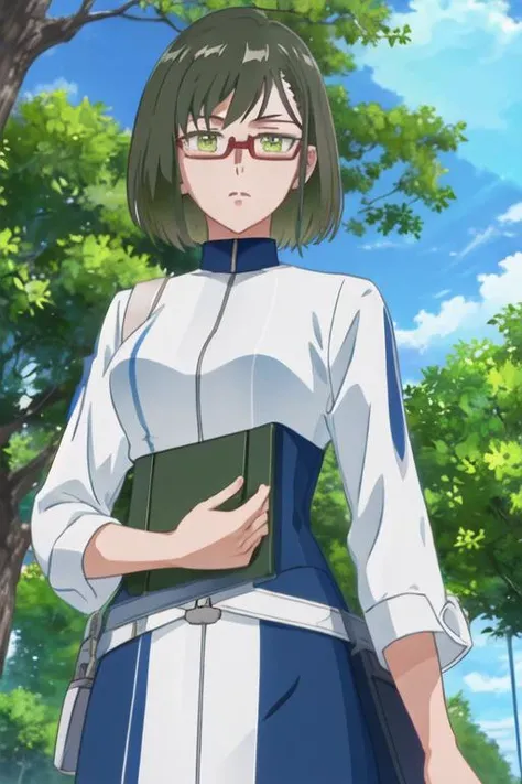 best quality, masterpiece, highres, solo, {shinjo_amane_birdiewinggolfgirlsstory:1.15}, glasses, short_hair, semi-rimless_eyewear, green_hair, green_eyes, under-rim_eyewear, red-framed_eyewear, 1girl, day, cloud, sky, outdoors, tree, anime_coloring