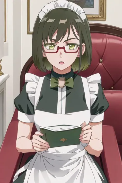 best quality, masterpiece, highres, solo, {maid:1.40}, {long maid dress:1.15}, {shinjo_amane_birdiewinggolfgirlsstory:1.15}, glasses, short_hair, semi-rimless_eyewear, green_hair, green_eyes, under-rim_eyewear, red-framed_eyewear